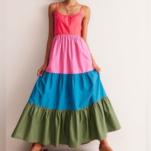 Boden Red/ Pink/ Blue/ Green Colorblock Trapeze Cotton Maxi Dress Size 6 Petite - Picture 1 of 16